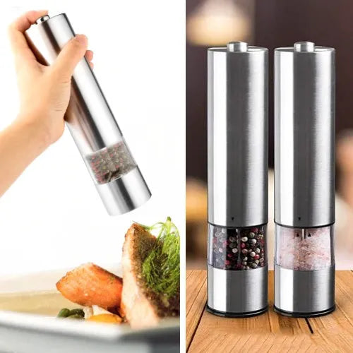 Electric stainless steel pepper grinder with natural colour finish on a kitchen counter