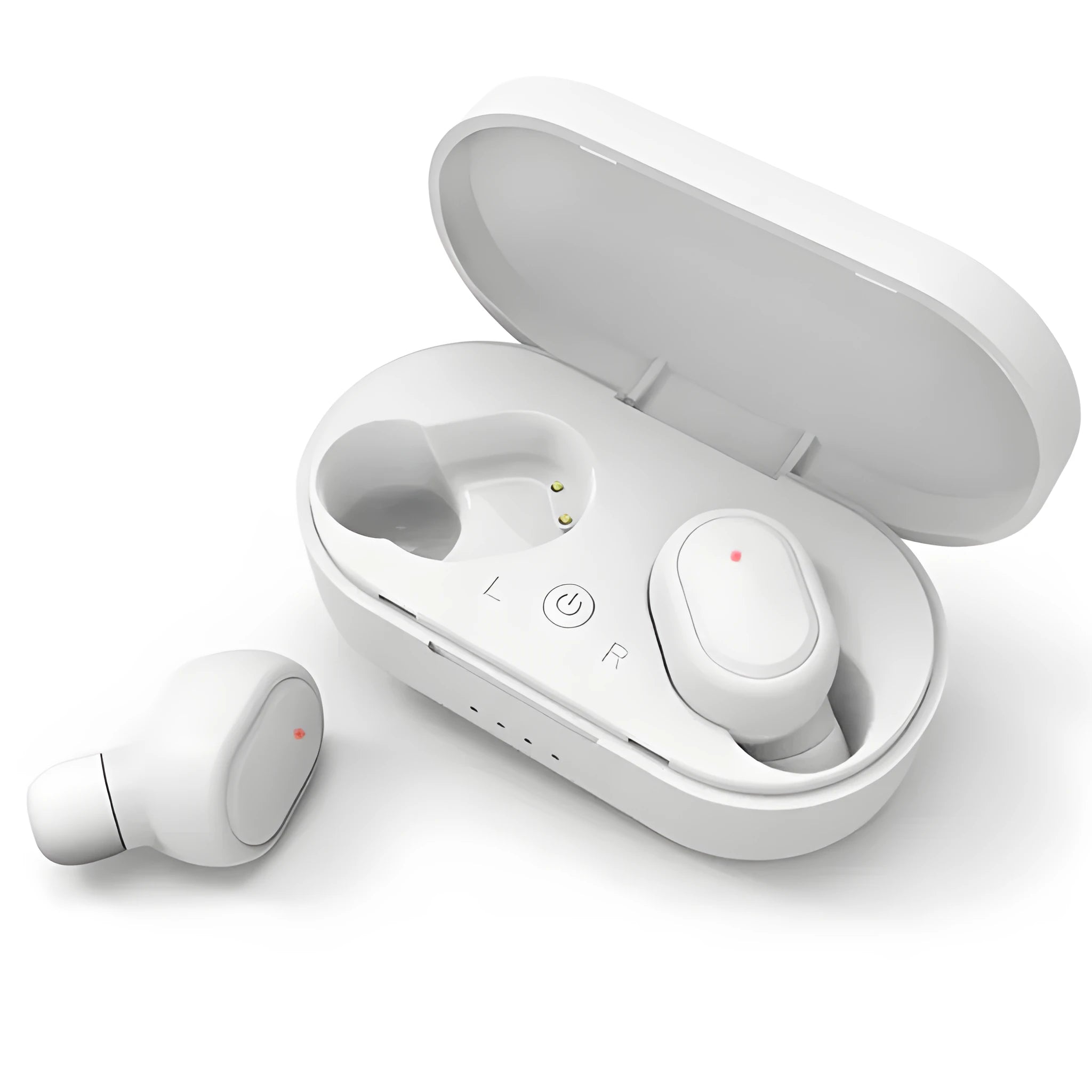 M1 Bluetooth wireless headset with black earbuds showing bilateral stereo design