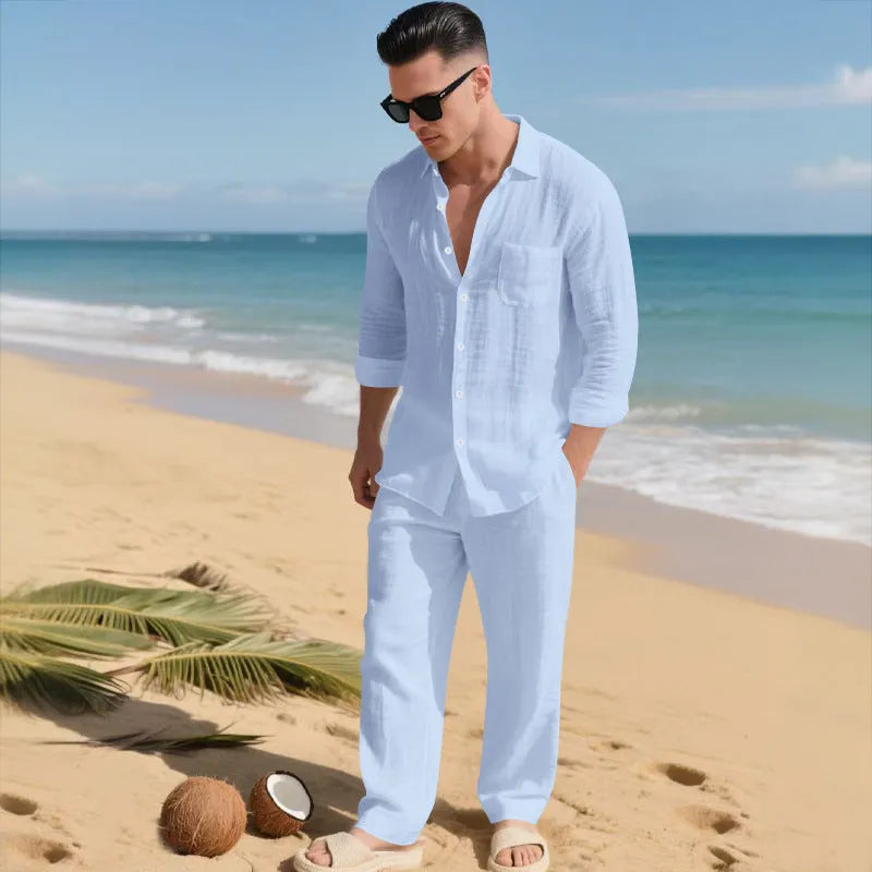 Beach Leisure linen blend casual shirt and pants set in khaki, loose collar long sleeves, autumn wear