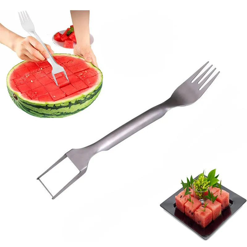 Stainless steel watermelon slicer and fork tool on a kitchen counter