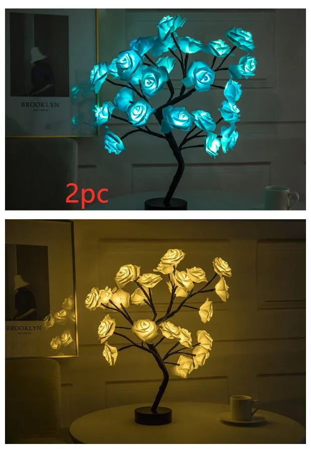 White and red rose flower LED table lamp with bonsai tree base and warm white lights