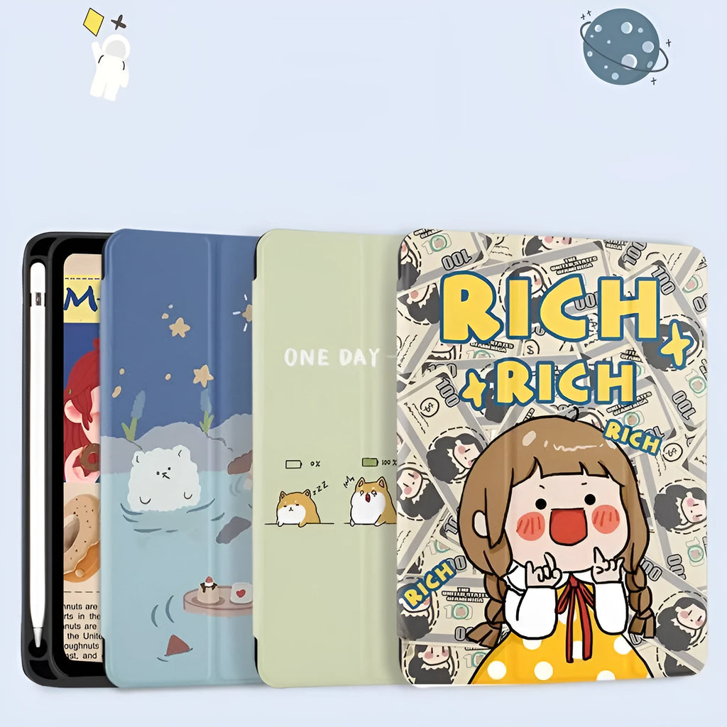 Three-fold imitation leather iPad case in a cartoon style, shown in a standing position.