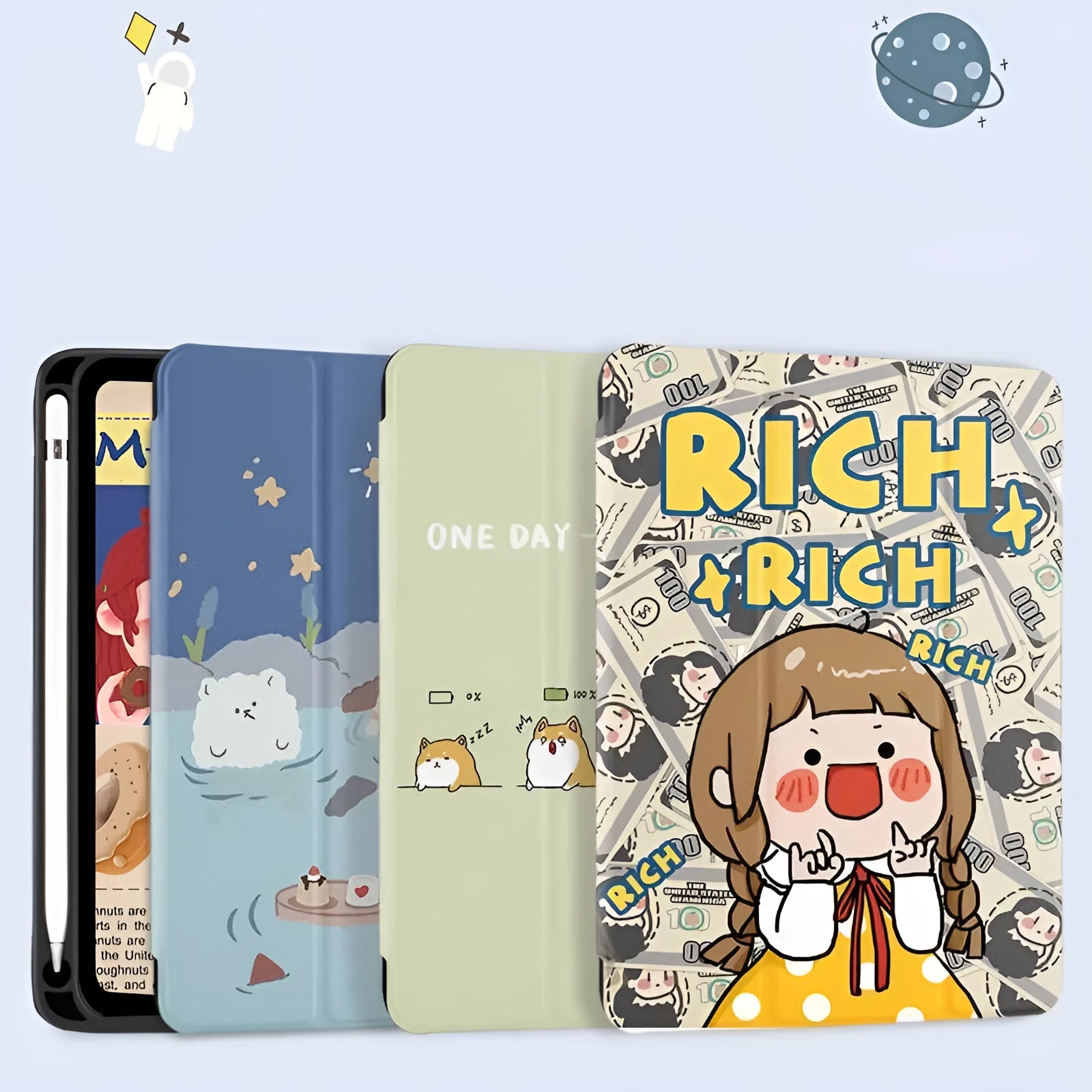 Three-fold imitation leather iPad case in a cartoon style, shown in a standing position.