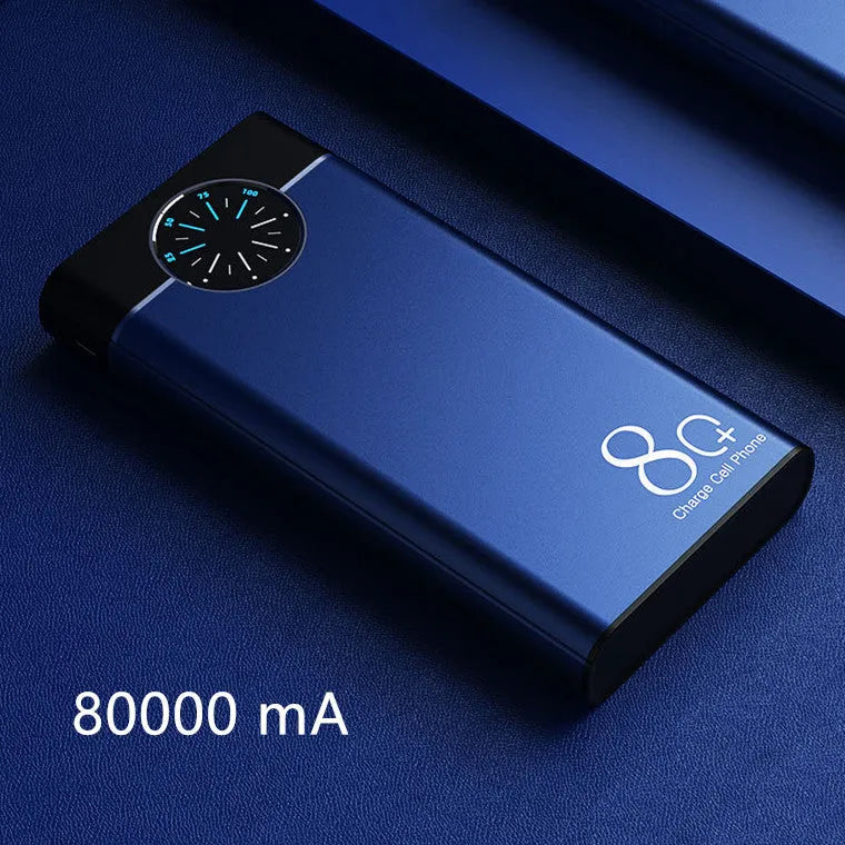 Slim black 20000mAh portable power bank with alloy shell and LED flashlight