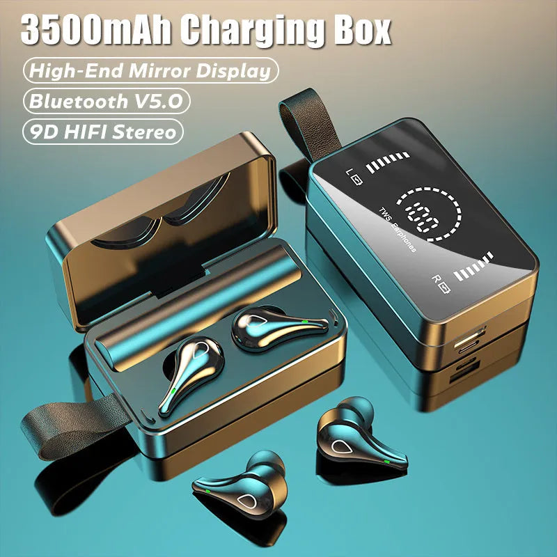 Black wireless Bluetooth in-ear headphones with microphone, silicone ear tips and charging box