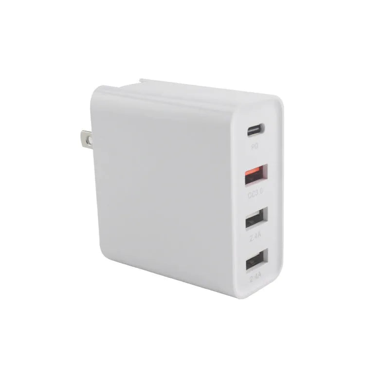 Black 48W USB-C four-port wall charger with UK plug on a white background