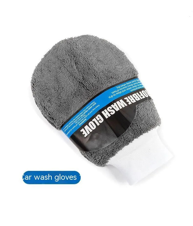 All-grey nine-piece car wash set showing microfiber towels, sponge, gloves, tyre brush, and waxing wipes.