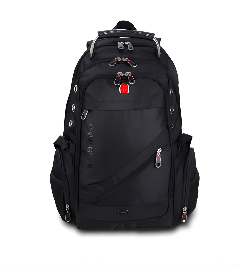 Black polyester travel outdoor backpack with waterproof breathable fabric, hard handle, shoulder pad and metal element