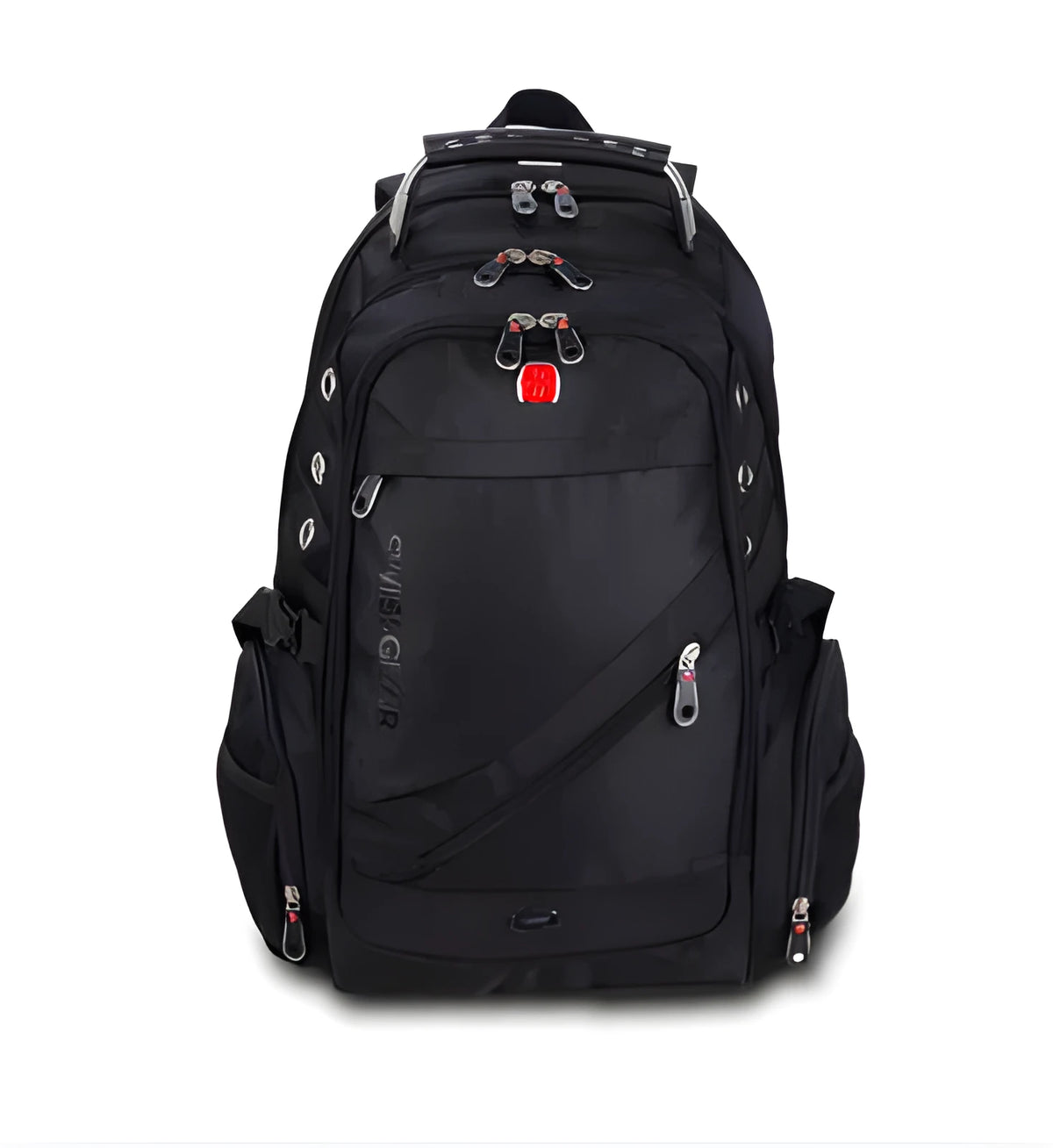 Black polyester travel outdoor backpack with waterproof breathable fabric, hard handle, shoulder pad and metal element