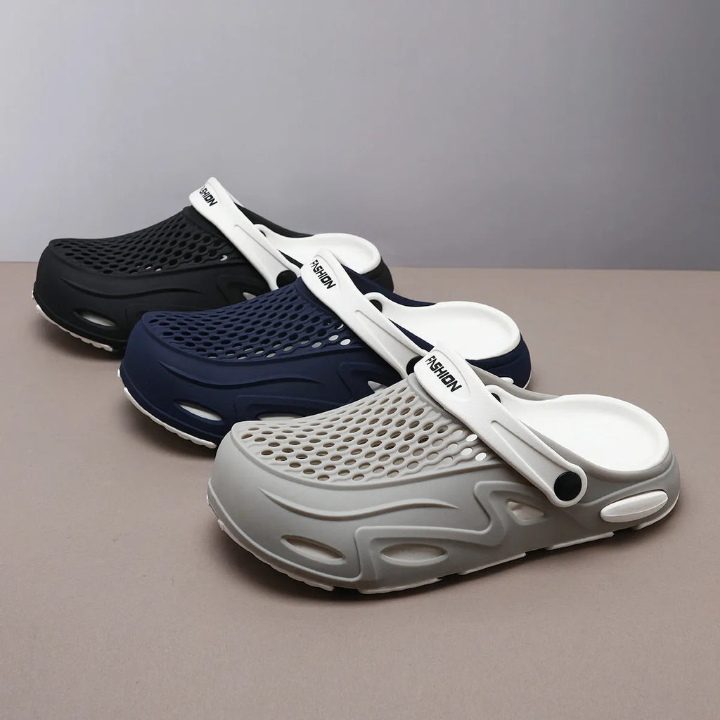 Men's grey closed toe beach slippers with non-slip EVA sole and round toe design