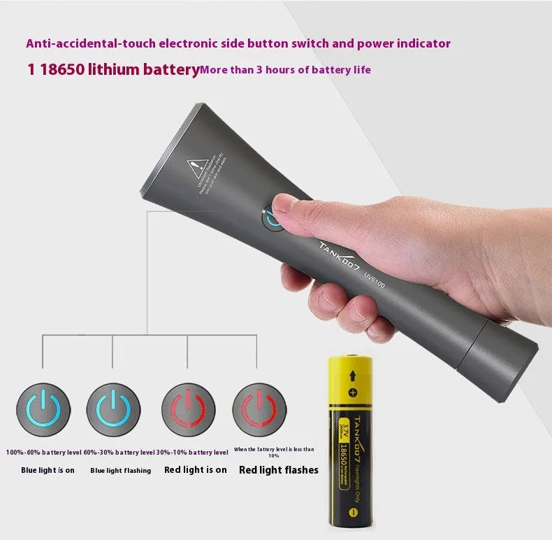 Aluminum alloy UV flashlight for pet urine and insect stain detection with USB-C charging port