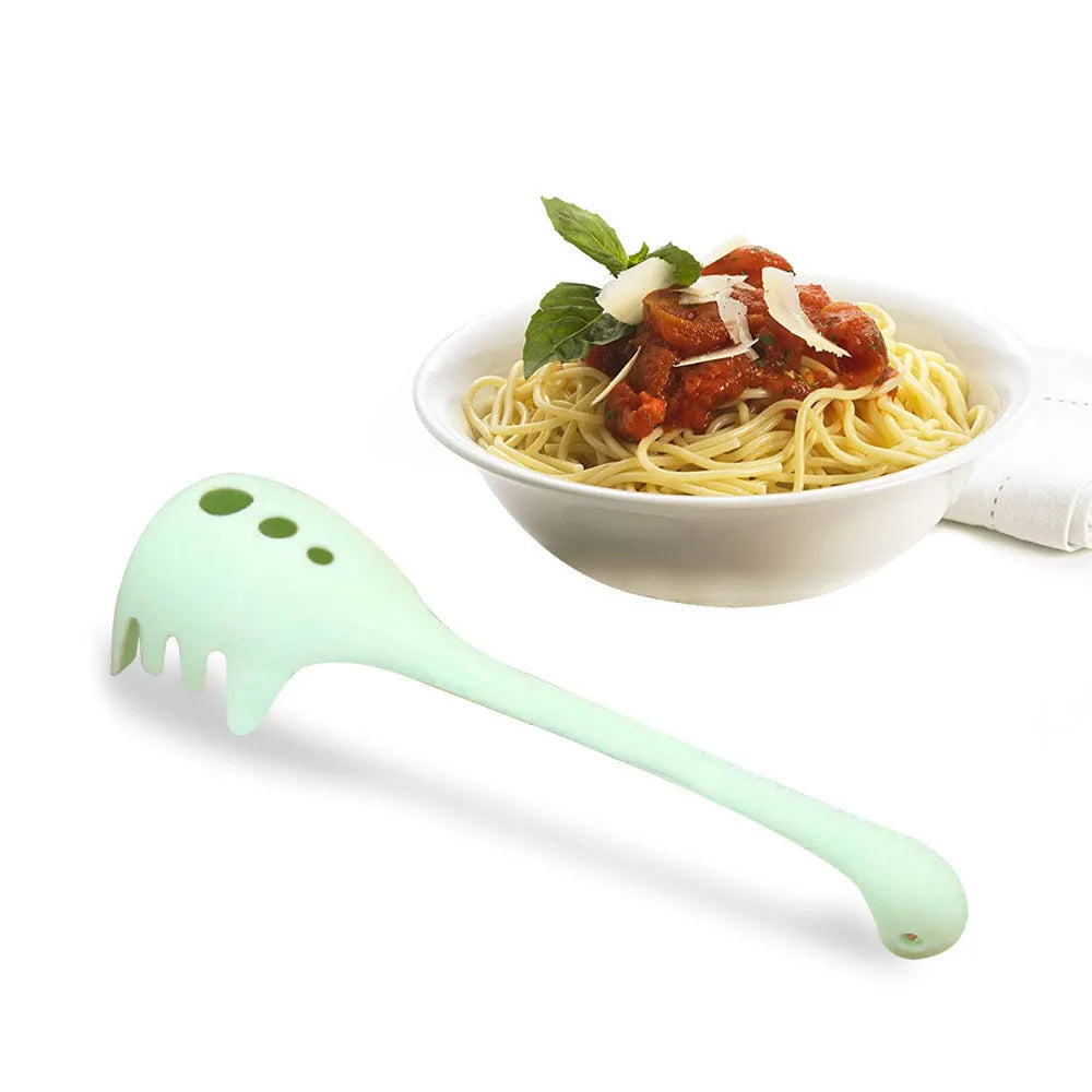 Plastic kitchen utensil set showing multifunction shovel and spaghetti serving spoon