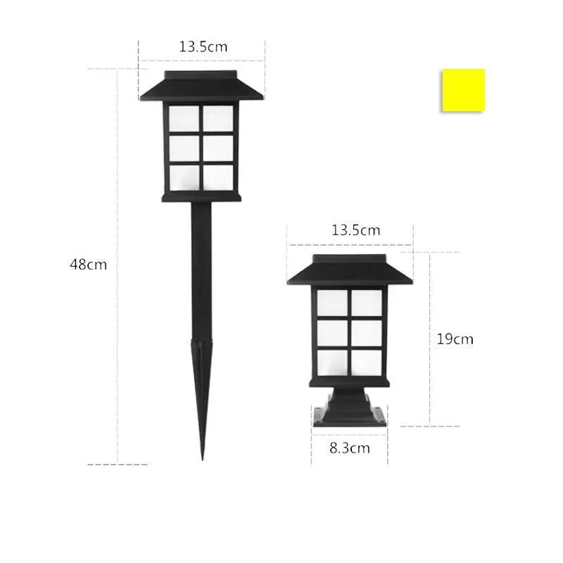 Black solar-powered LED lawn light for outdoor garden and pathway illumination.