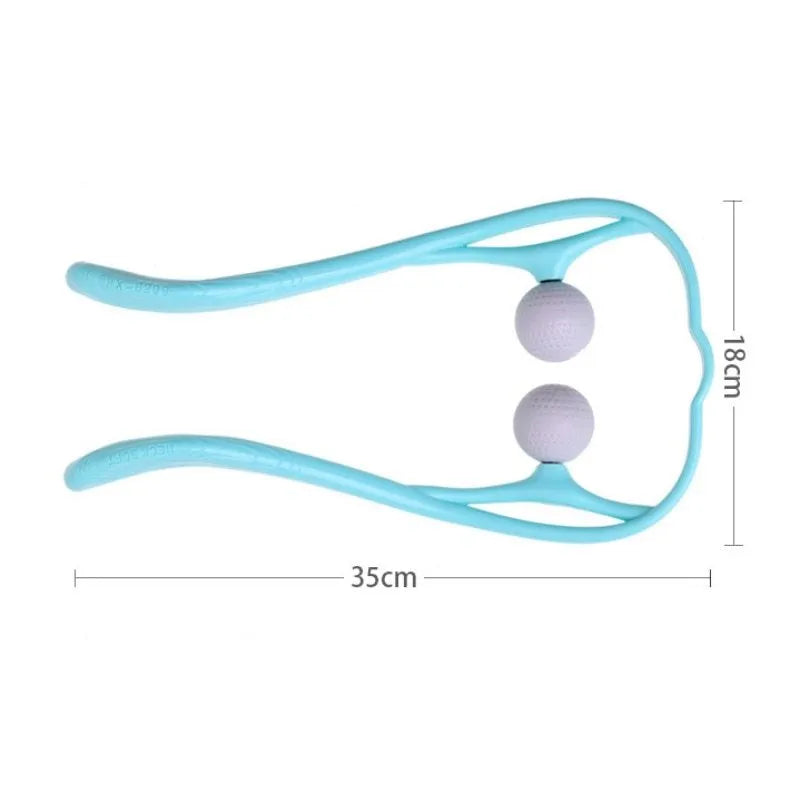 Blue plastic manual neck massager with adjustable stand and 3D floating-point rollers on a white background.