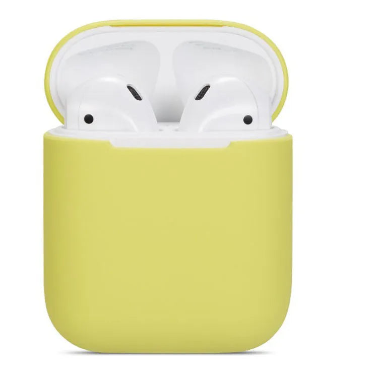 Soft silicone protective case for Apple AirPods charging case in multiple colours including black, grey, pink, and blue.