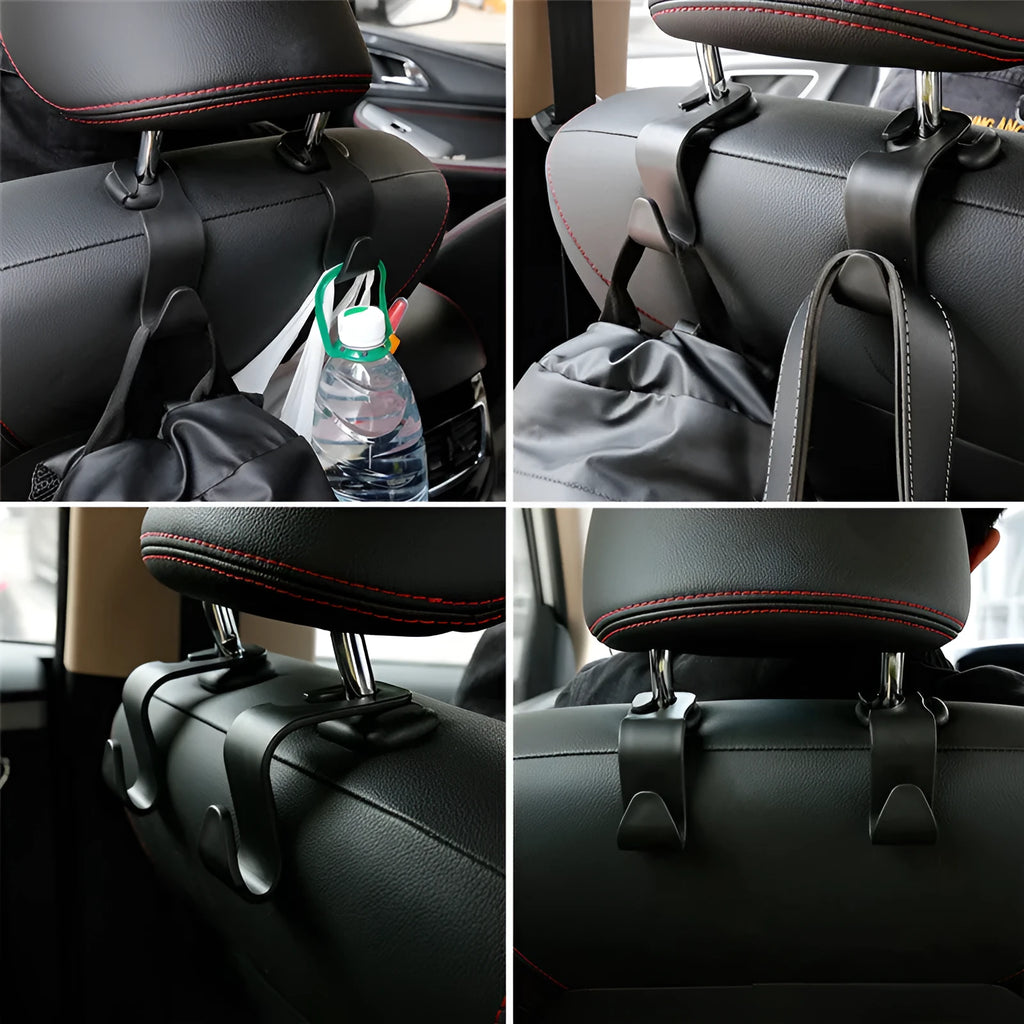 Set of four black PP plastic universal car seat back hooks on a car front seat backrest