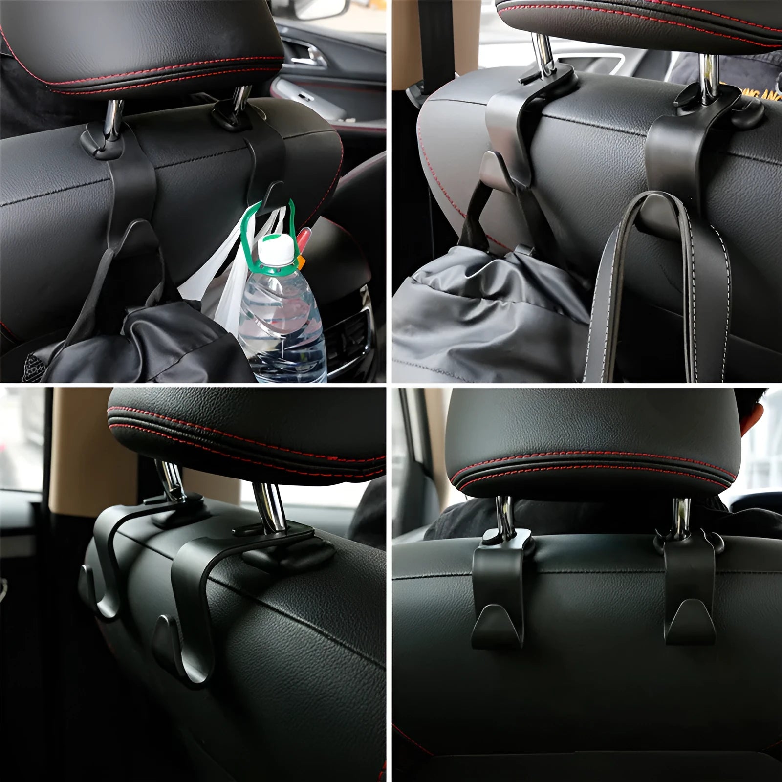 Set of four black PP plastic universal car seat back hooks on a car front seat backrest