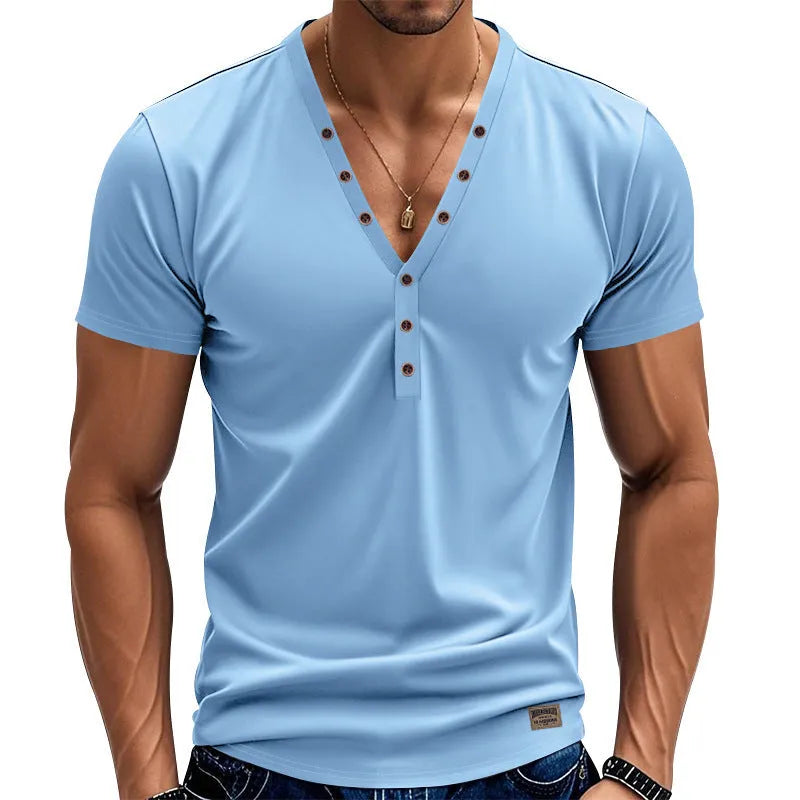 Men's loose fit V-neck T-shirt with button detail in chemical fibre blend fabric