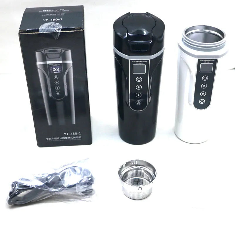 Black car electric heating cup with 400ml capacity, food grade 304 stainless steel inner lining, and power cord placed on a car seat