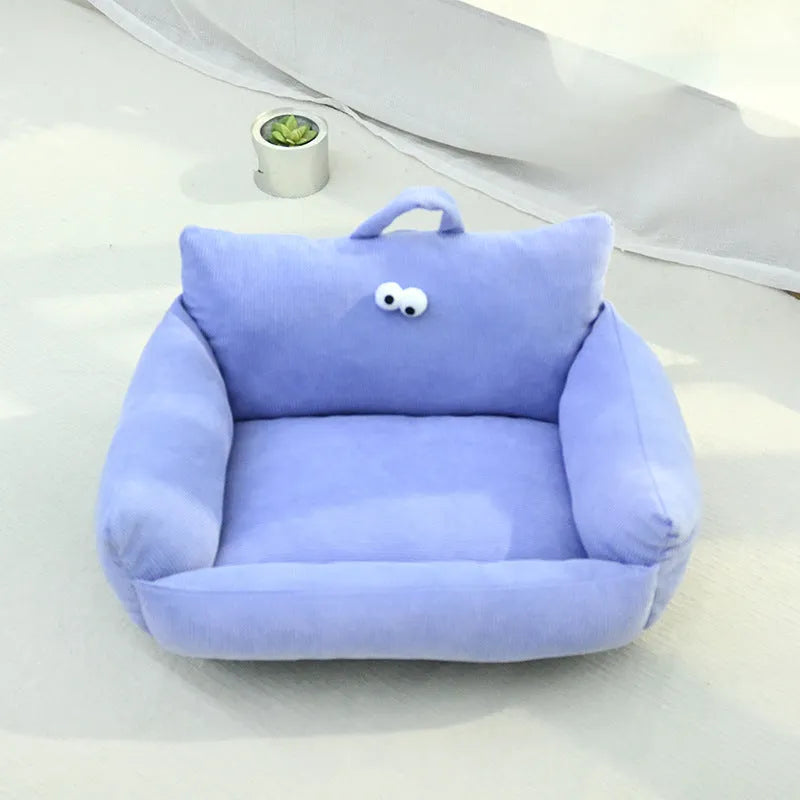 Cartoon big eye pet sofa kennel bed in moon velvet fabric showing blue colour option