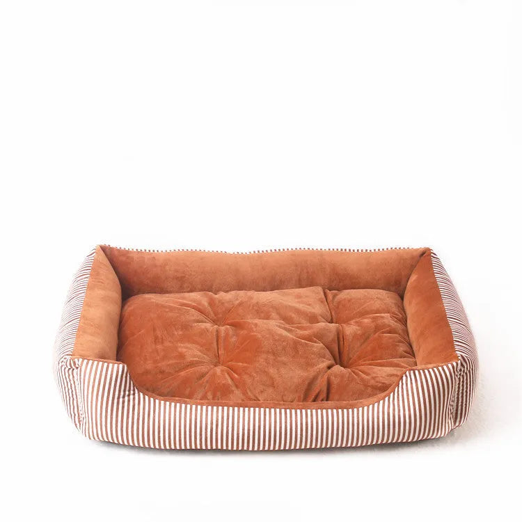 Rectangular soft cloth pet bed for dogs and cats with a removable cover, shown in a stripe pattern.