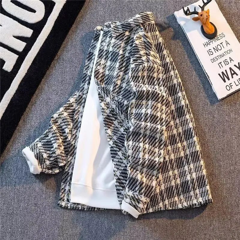 Casual all-matching plaid shirt jacket in light blue with loose fit, woolen fabric, and polyester lining, size M-3XL