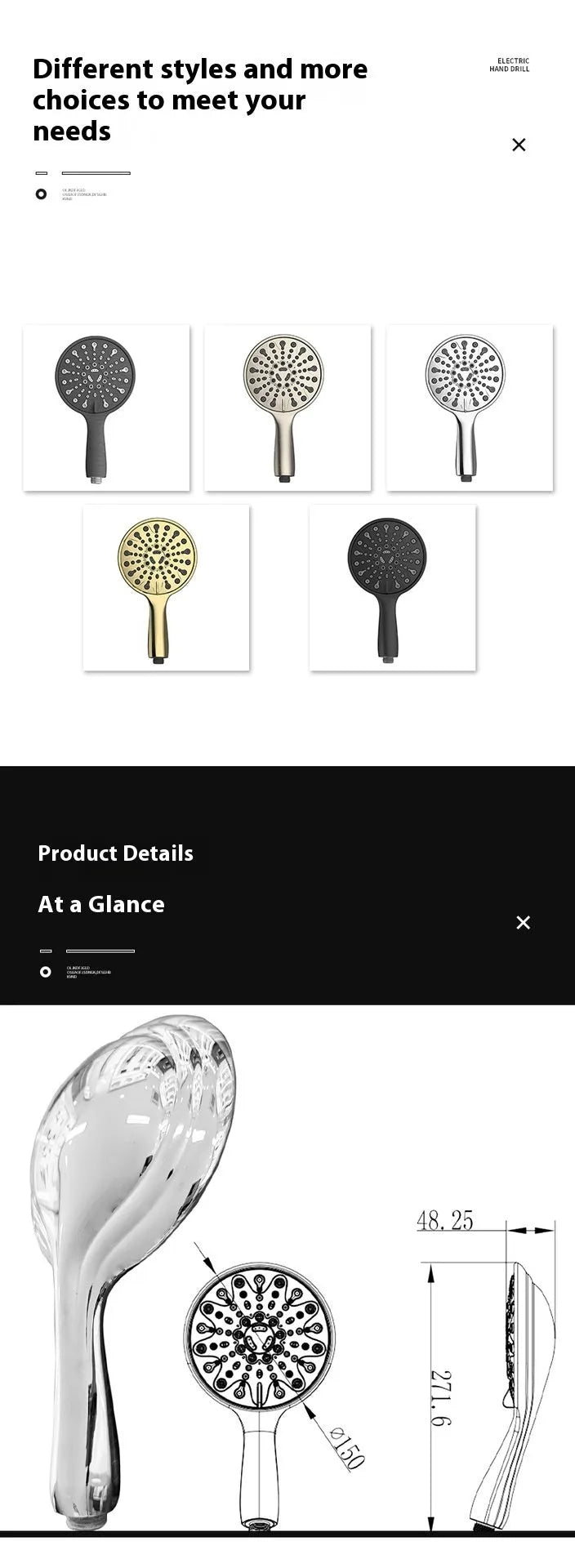 Silver electroplated handheld shower head with massage, bubble, and rain spray settings.