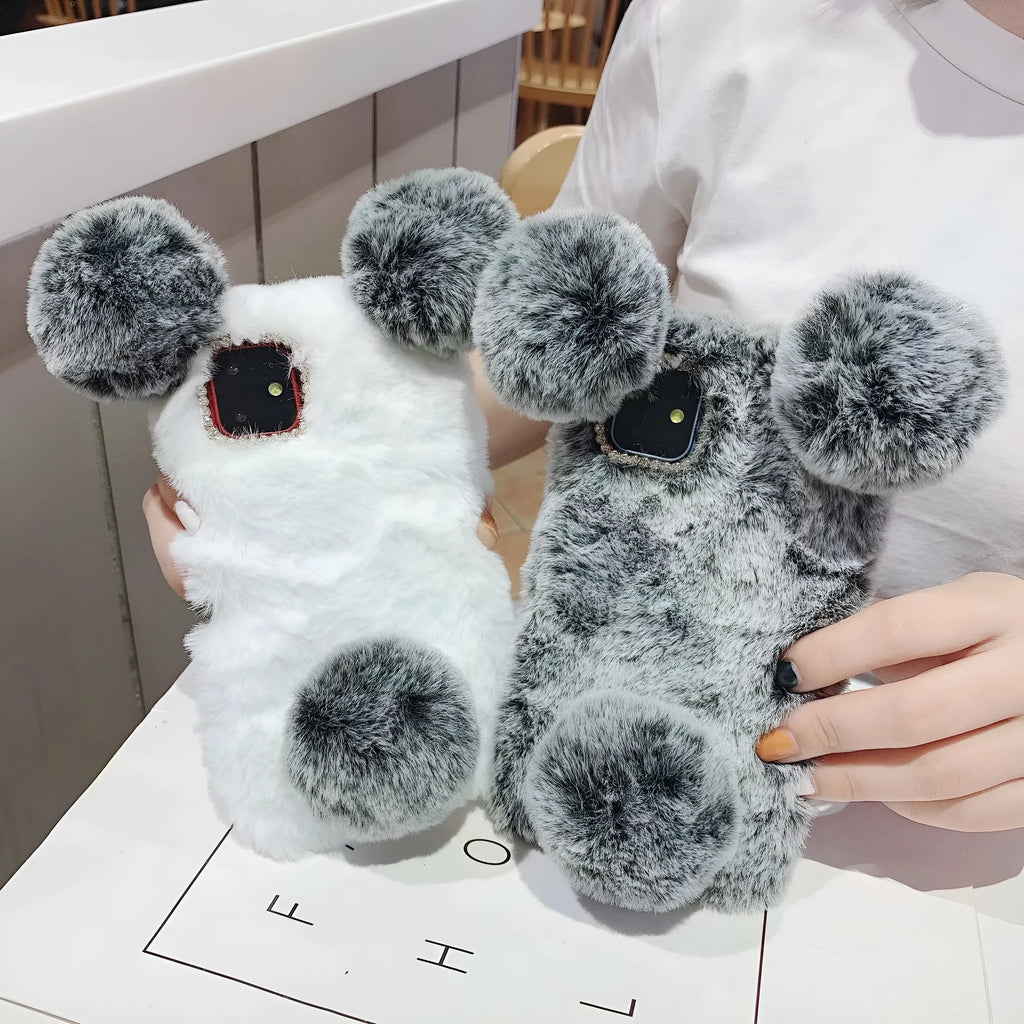 Plush cartoon bear protective phone case for iPhone with TPU back cover in multiple colour options