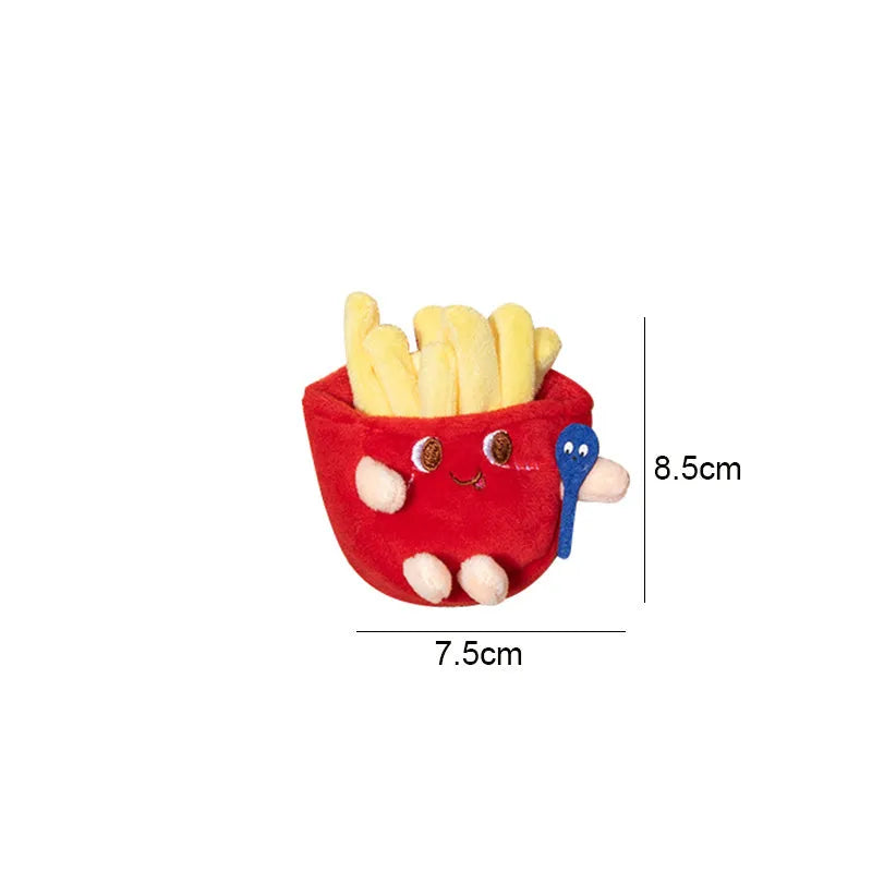 Five cat teething toys shaped like hamburger, chicken leg, fries, hot dog and bread on white background