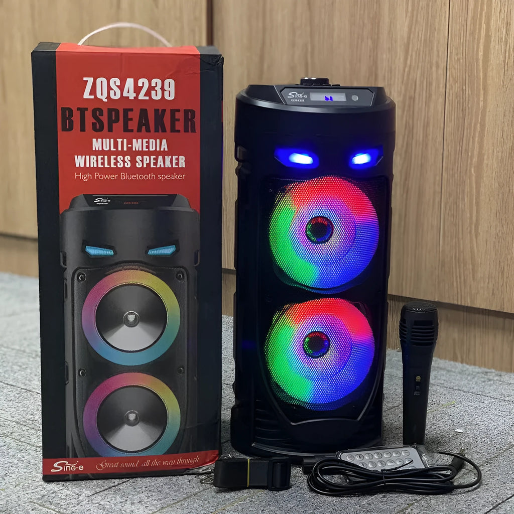 Black portable Bluetooth speaker with dual horn cannon design and USB port