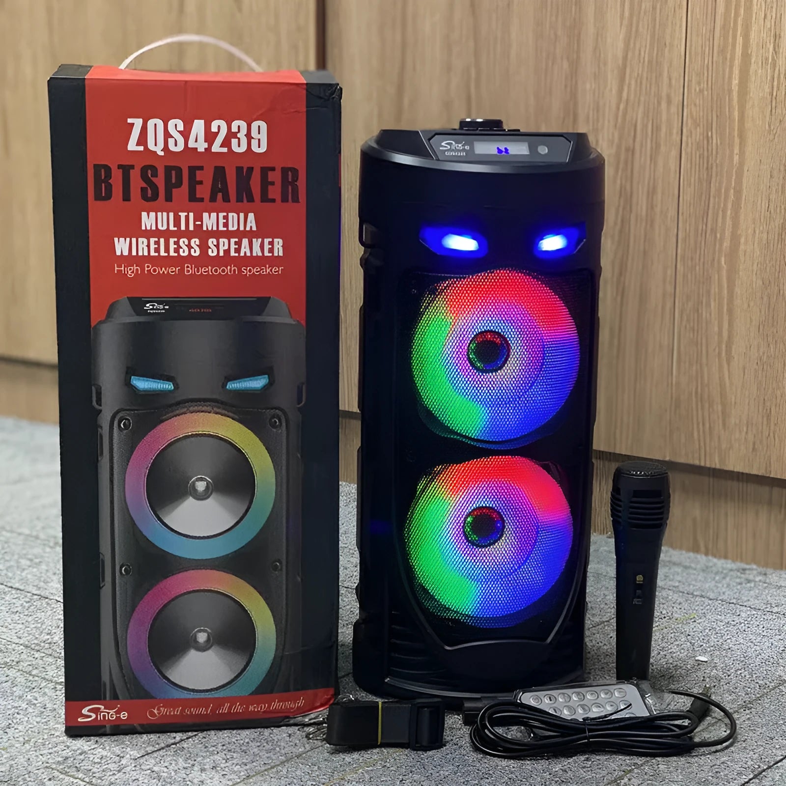 Black portable Bluetooth speaker with dual horn cannon design and USB port