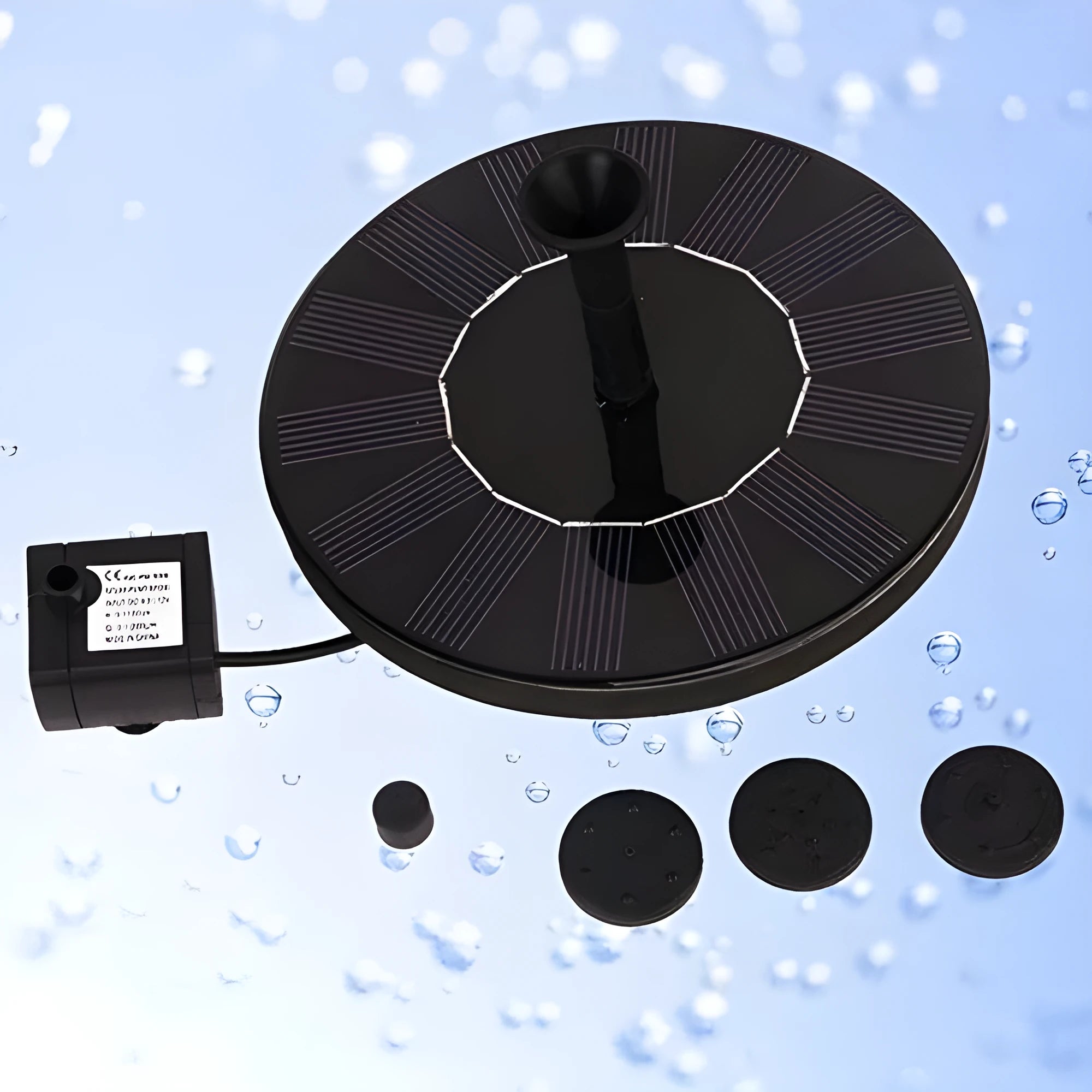 Round 16cm solar fountain pump with solar panel for outdoor water features.