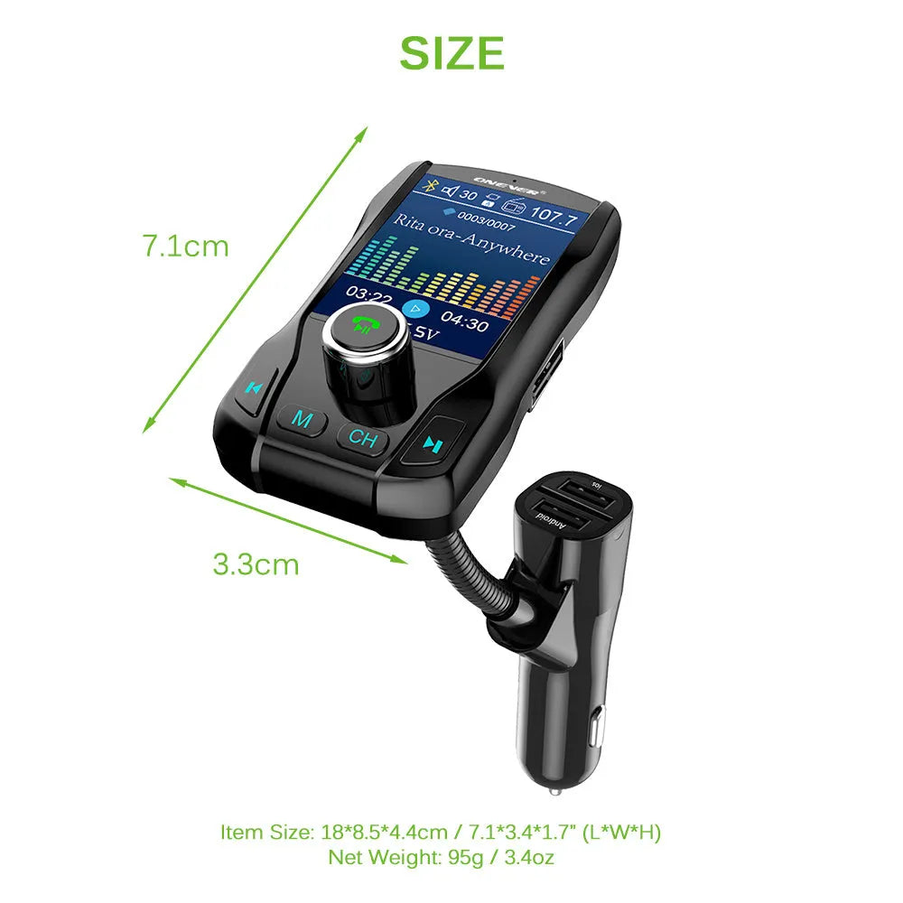 Black car FM transmitter with colour screen and flexible hose plugged into a vehicle power socket