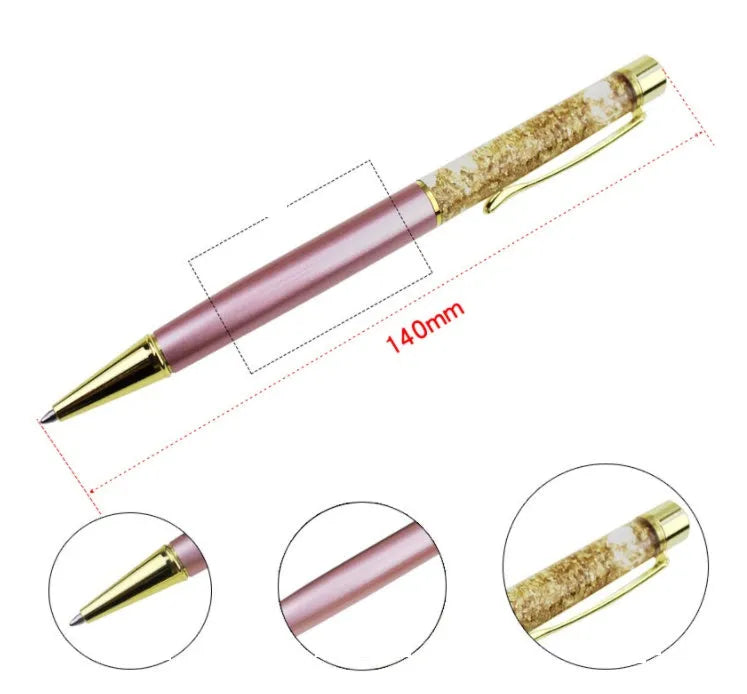 Gold foil metal ballpoint pen 13.8cm with 1mm tip on white background