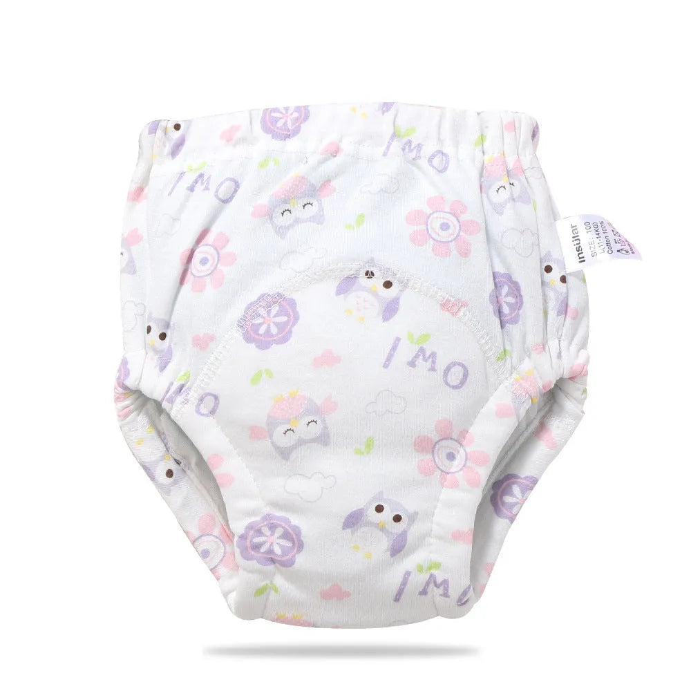 Baby training learning pants in cotton gauze with TPU waterproof layer, shown in panda print on white background