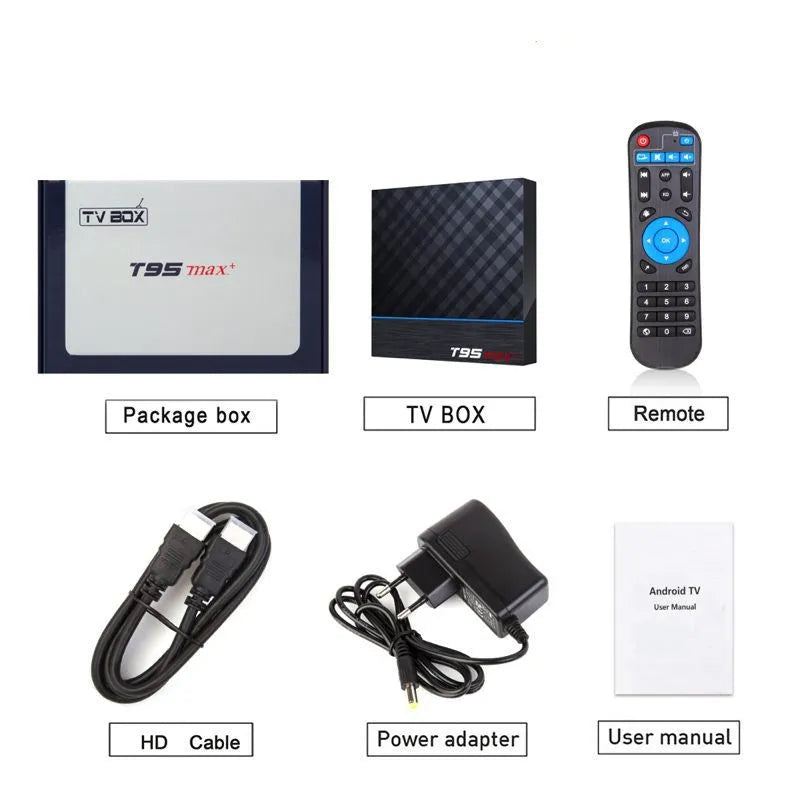 Black T95 Max Plus Android TV box with remote control, showing rear ports for HDMI, USB, and power.