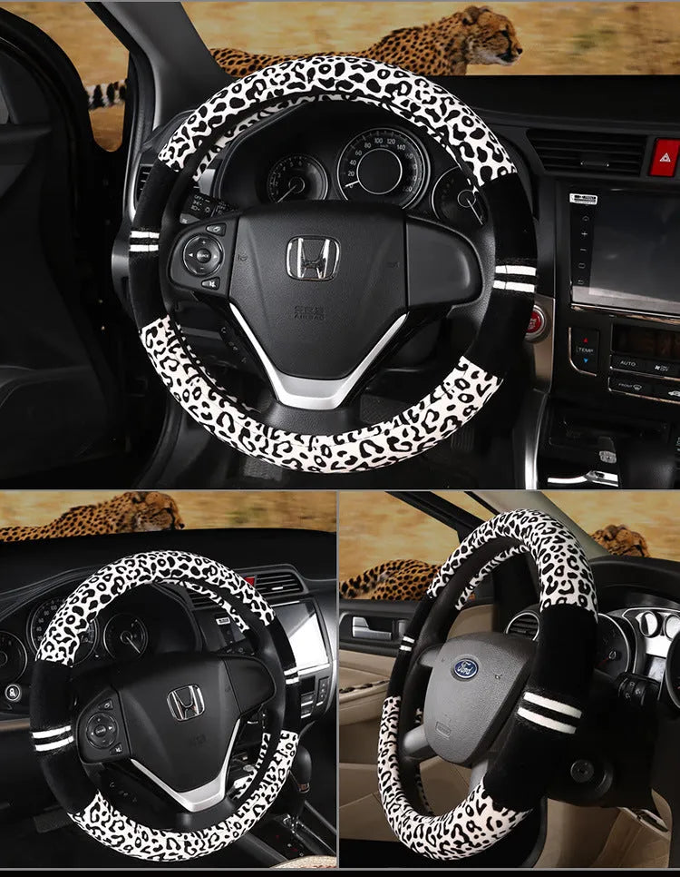 Plush car steering wheel cover with leopard grain pattern in beige, for GM models, 38cm diameter