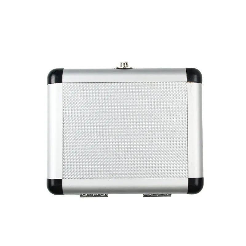 Gold coloured aluminium box with a visible steel opening plate, shown with a ruler indicating its 58-80mm length.