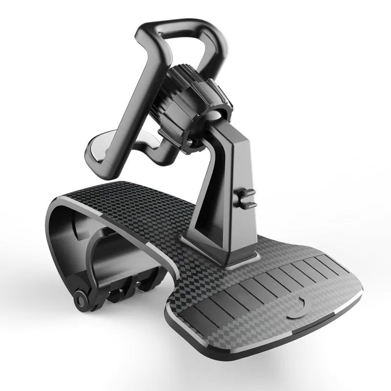 Black adjustable car phone holder with 360-degree rotation on vehicle dashboard