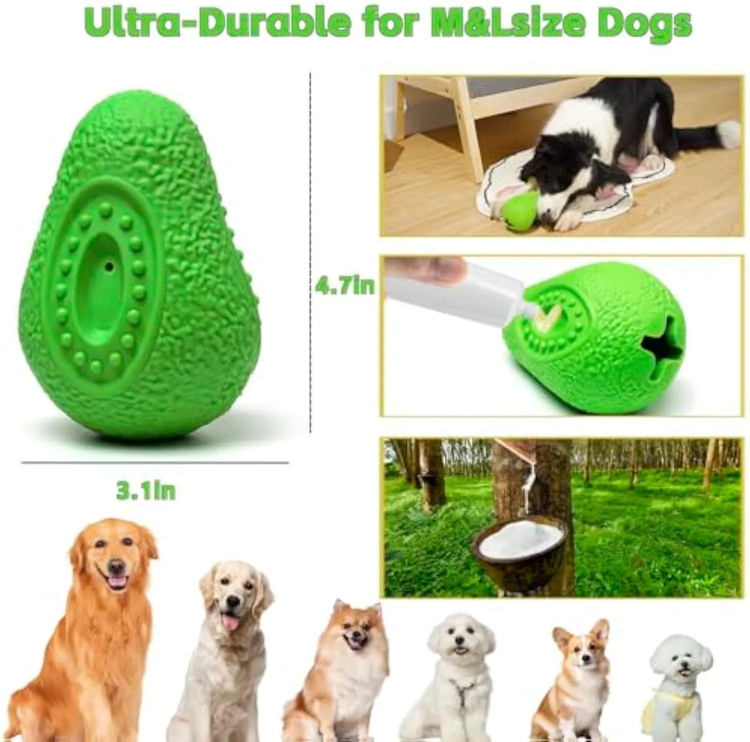 Green avocado-shaped heavy-duty rubber dog chew toy for aggressive chewers on a white background.
