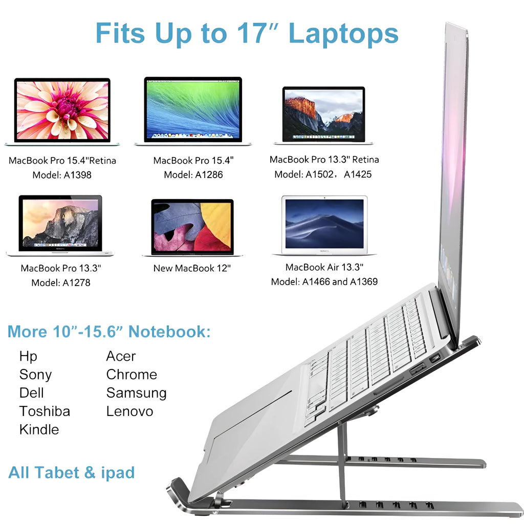 Silver aluminium laptop stand showing six height adjustment positions in folded configuration