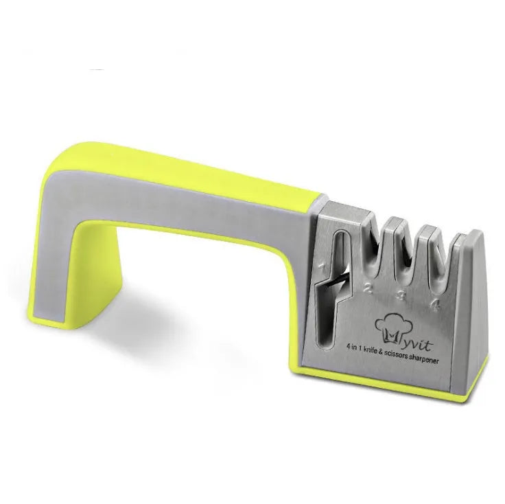 4-in-1 kitchen knife sharpener with TPR handle showing diamond, ceramic and tungsten steel grinding elements
