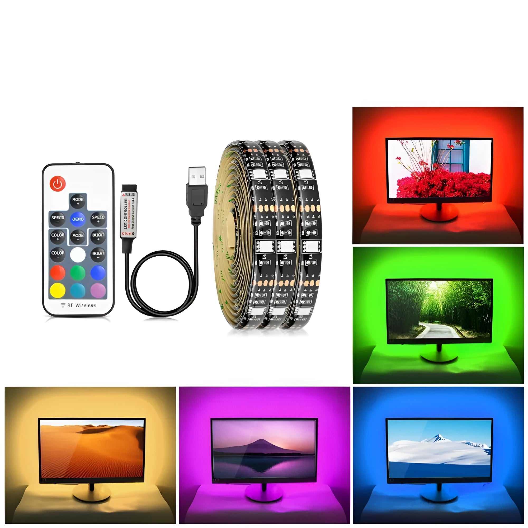 Flexible cuttable LED light strip with adhesive backing, bent to show installation behind a television