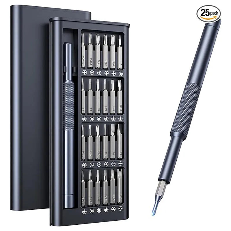 25-in-one magnetic precision screwdriver set with chrome vanadium steel bits and black knurled ABS handle.