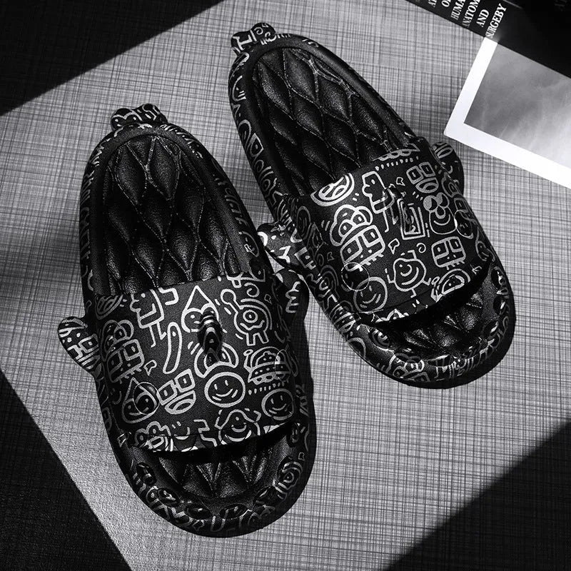 Shark-themed couple EVA slippers in open-toe style on a colour selection background.