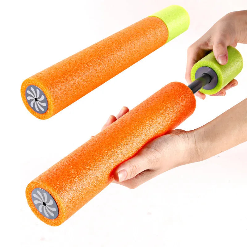 Orange EVA foam and plastic water blaster for children, shown with foam handle and long barrel.