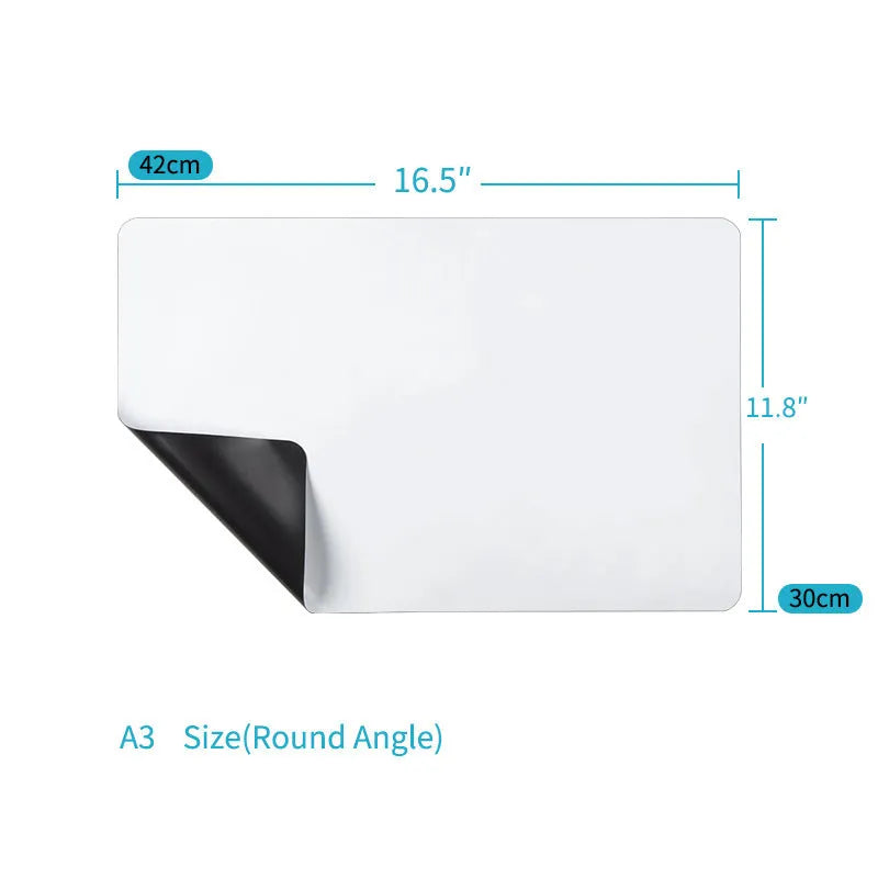 A3 magnetic soft whiteboard with rounded corners on refrigerator door showing handwritten notes