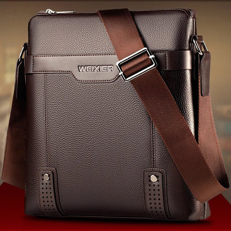 Men's fashion PU leather messenger bag with zipper closure in black, solid pattern, interior phone pocket