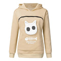 Women hoodie sweatshirt with cat pet pocket design, long sleeve cotton sweater in beige colour