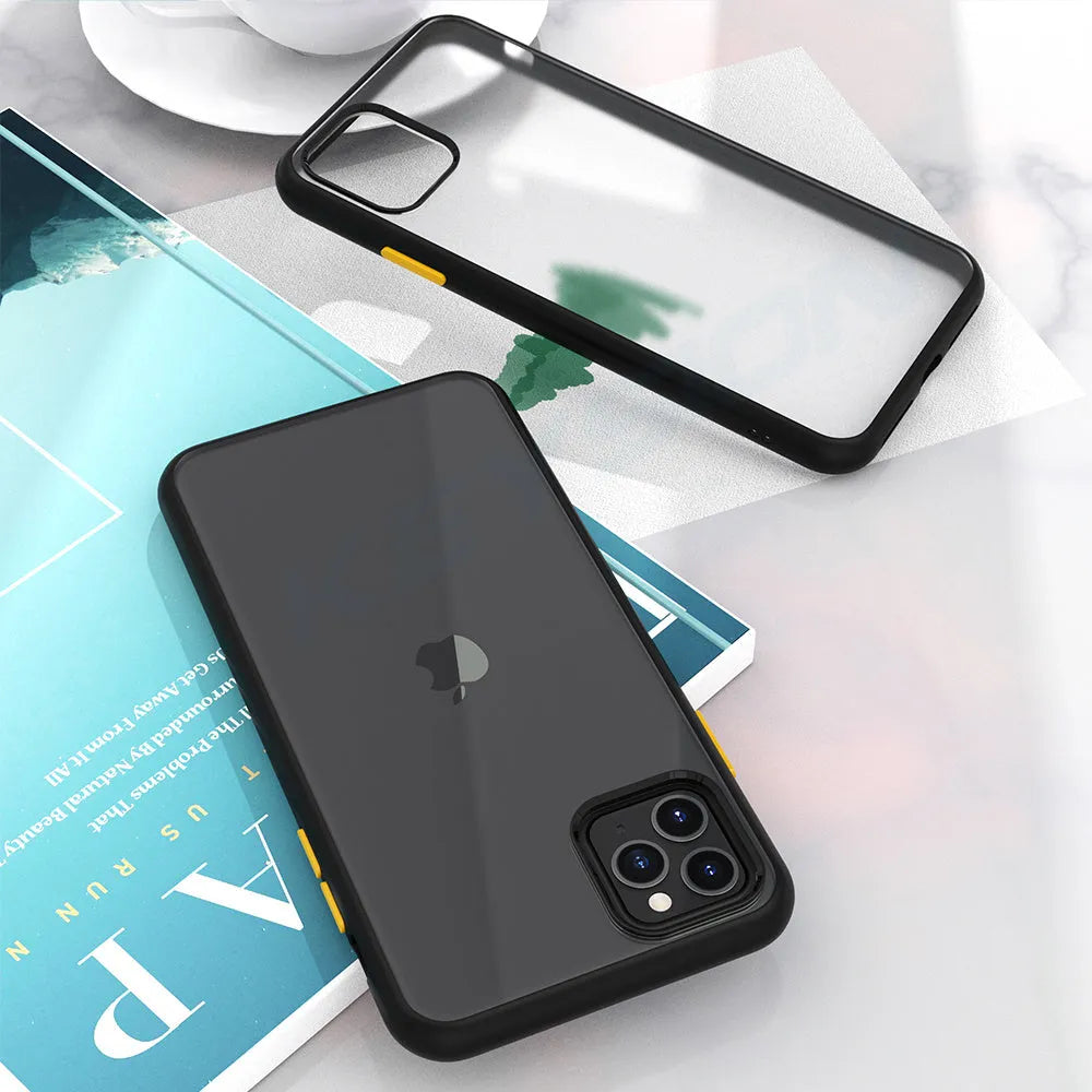 Frosted hard shell protective phone case for iPhone 11 models in black, green, purple, and red.